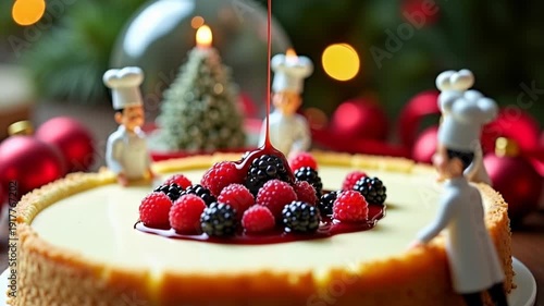 Miniature chef figurines around cheesecake with berry sauce being poured, Christmas decorations, red ornaments, bokeh lights, festive holiday dessert scene, whimsical food photography concept.