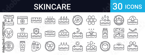 Set of 30 thin line skincare and cosmetics icons. Includes skin regeneration, protection, moisturizing, treatment, serum, cream, and beauty care symbols. Perfect for web and app design.