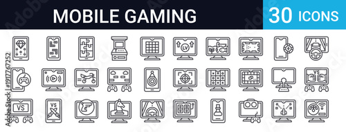 30 thin line gaming icons featuring mobile games, casino, sports, VR, racing, fighting, board games, and entertainment. Perfect for apps and web design.