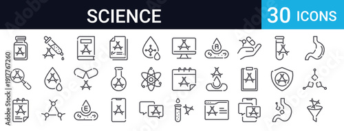 30 thin line icons for science, chemistry, and medical research. Includes test tubes, flasks, enzymes, molecules, analysis tools. Perfect for lab, healthcare, and educational designs.