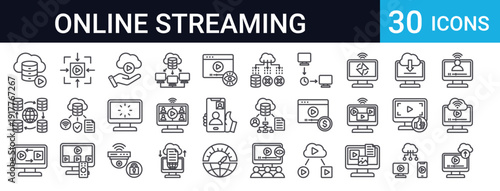 30 thin line icons for streaming, cloud media, video content. Includes streamer tools, video calls, monetization, CCTV, buffering, viewers, channels. Perfect for web and app design.