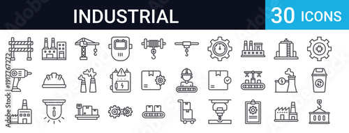 Complete industrial factory icon collection featuring manufacturing equipment, machinery, workers, quality control, AI technology. Perfect for industry websites and applications.