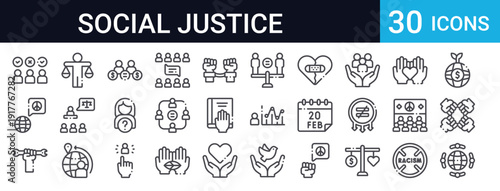 30 thin line social justice icons featuring equality, human rights, solidarity, peace, protest, fair trade, ethics, freedom, diversity. Perfect for web and app design.