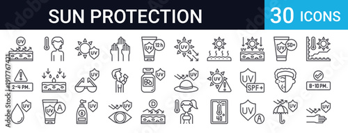 30 thin line sun protection and skincare icons. Includes SPF sunscreen, UV protection, vitamin D, sun safety, lotion, hat, umbrella. Perfect for health and beauty apps.