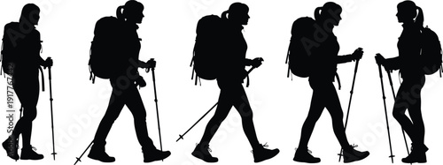 Female hiker silhouettes set with backpack and trekking poles vector illustration isolated on white background