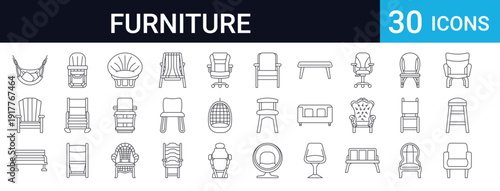 30 thin line furniture icons featuring armchairs, office chairs, stools, rocking chairs, benches and seating types. Perfect for interior design and home decor projects.