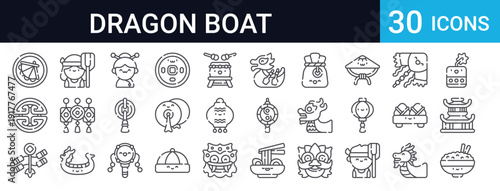 30 thin line icons for Dragon Boat Festival celebrations. Includes zongzi, dragon boat, Chinese temple, lanterns, fireworks, rice dumplings, and traditional symbols. Perfect for cultural designs.