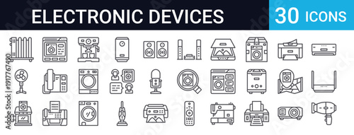 30 thin line icons of household electronics and appliances. Includes hair dryer, router, air conditioner, vacuum cleaner, printer, projector, and more. Perfect for web and app design.