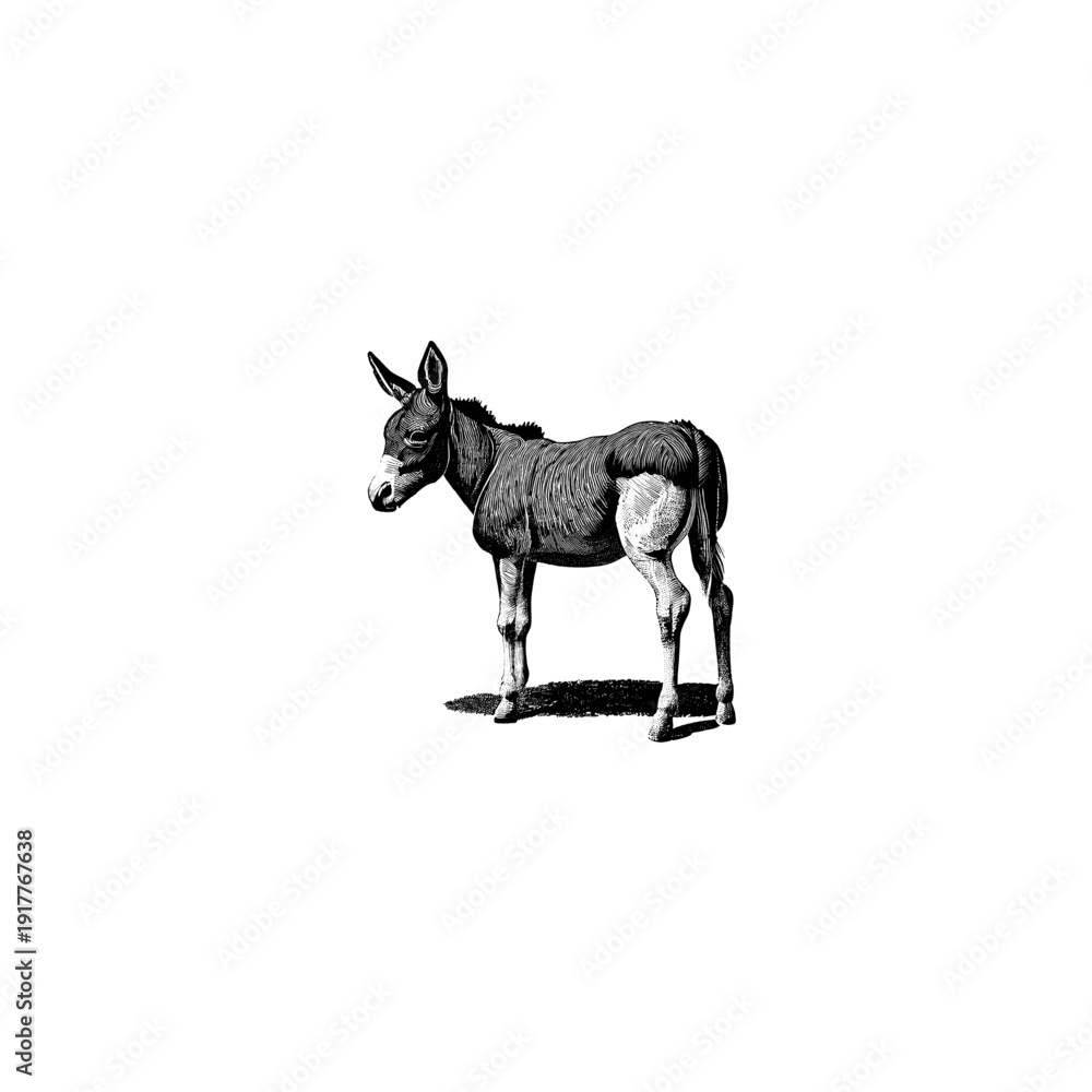 Obraz premium Donkey Minimalist black and white farm animals vector illustrations, eco friendly organic food branding icons, rustic line art set for packaging and logos.