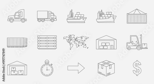 Logistics and shipping icons set with trucks ships and containers.