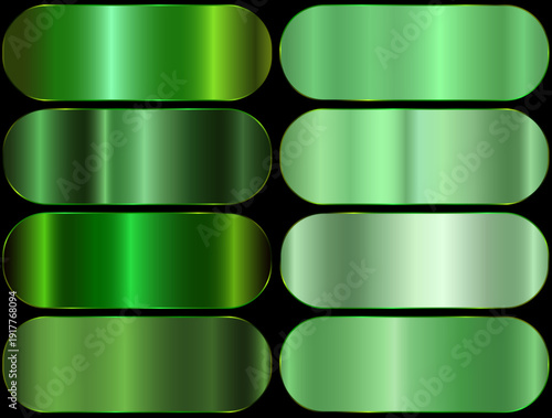 Premium green gradient swatch palette set. green metal gradient. realistic aluminum green rectangles