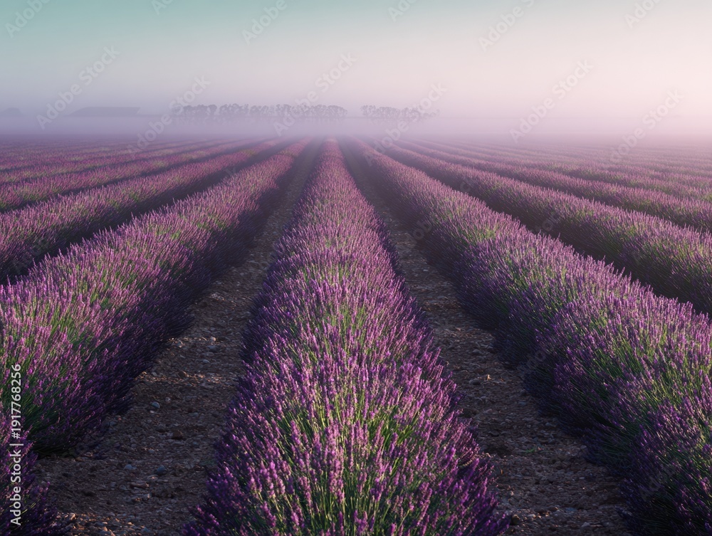 Fototapeta premium Lavender field at sunset with endless purple rows