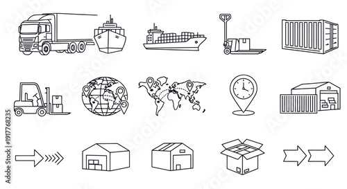 Logistics and Shipping Icons Collection Truck Ship Warehouse Globe.