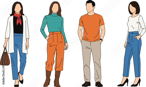 Stylish men and women in smart casual outfits vector illustration isolated on white background modern fashion collection