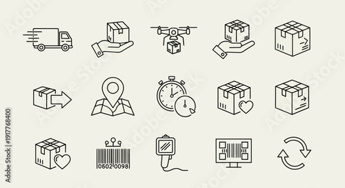 Logistics and delivery icons set with truck drone and package.