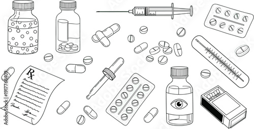 Medical Prescription and Medicine Set with Syringe, Pills, Dropper and Bottle Line Art Illustration for Healthcare Treatment Concept
