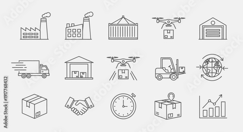 Logistics and delivery icons set with drone and truck.