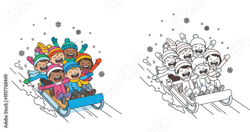 Cartoon children sledding down a snowy hill. Vector illustration of happy kids riding a toboggan in winter, including a black and white outline version for coloring book page.