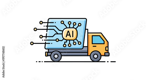 A delivery truck features an AI circuit board representing intelligent logistics and automated transportation, Generative AI.