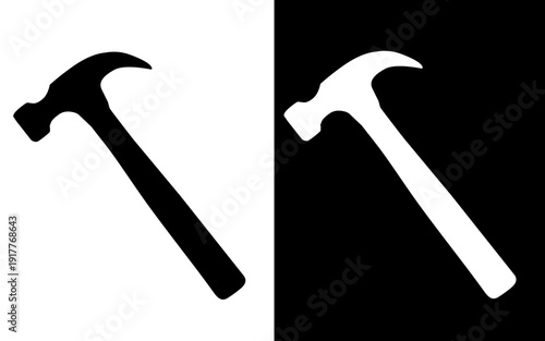 Industrial icon, vector illustration of a hammer, with silhouette design in original and negative versions.