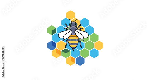 A busy bee rests on a vibrant colorful honeycomb pattern symbolizing natural organization, Generative AI.