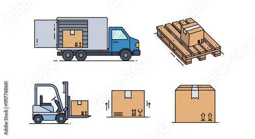 Logistics and delivery icons including truck forklift and boxes.