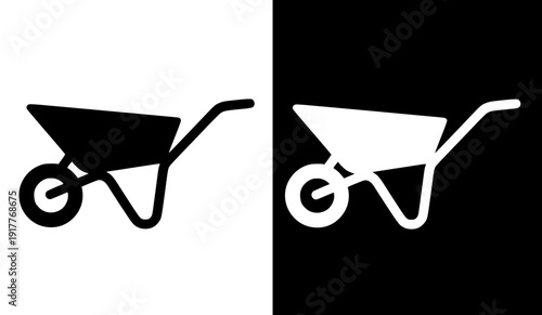 Industrial icon, vector illustration of a wheelbarrow, with silhouette design in original and negative versions.