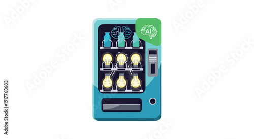 An AI-powered vending machine dispenses creative lightbulb ideas and brain power symbolizing innovation, Generative AI.