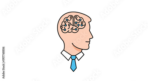 A man's head in profile displays a brain filled with intricate circuit board patterns signifying artificial intelligence, Generative AI.