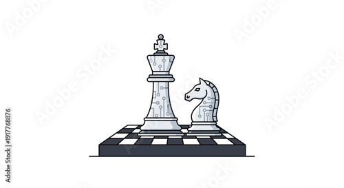 A chess king and knight piece both adorned with circuit board patterns stand on a classic checkered chessboard, Generative AI.