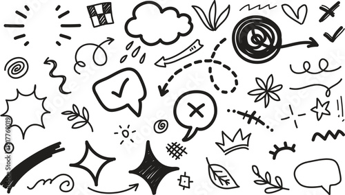 Collection of hand drawn cartoon symbols and icons