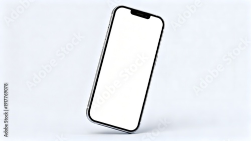 A smartphone with a blank white screen is propped up on a light gray surface with a subtle shadow underneath.