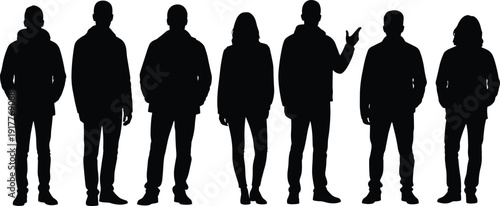Group of people standing silhouettes set vector illustration isolated on white background diverse urban crowd concept
