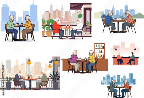 Escenas cotidianas de personas adultas sociabilizando tomando cafe. Diversos estilos.