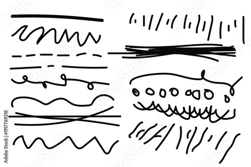 Collection of various hand drawn lines and scribbles on a white background