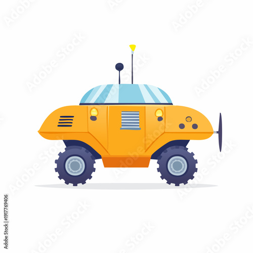 Cartoon yellow rover design with antenna and propeller on wheels