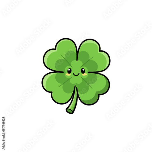 Adorable cartoon four-leaf clover with a cheerful smiling face, representing good luck and prosperity.