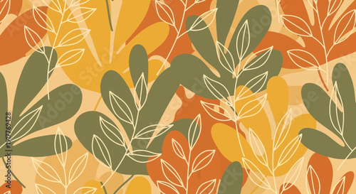 Abstract foliage pattern with warm earthy tones and linear leaf details
