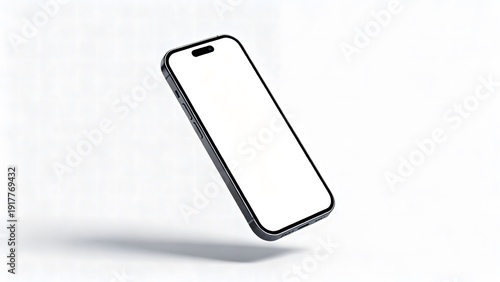 A smartphone with a blank screen floating in mid-air on a plain white background with subtle shadow effects.