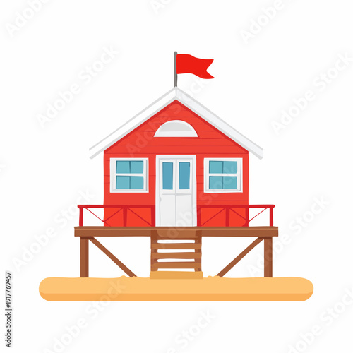 Red lifeguard station on sandy beach with red flag