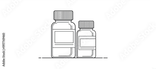 Medicine Bottles Line Art Illustration Representing Pharmaceutical Drug Containers, Medical Prescription Storage, Healthcare Treatment and Clinical Pharmacy Concept