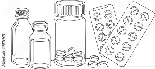 Medicine Bottles with Pills and Blister Pack Line Art Illustration Representing Pharmaceutical Drugs, Healthcare Treatment and Medical Prescription Concept