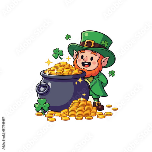 A cheerful cartoon leprechaun in a green suit and hat stands beside a large black pot overflowing with shiny gold coins, surrounded by shamrocks, symbolizing good luck and St. Patrick's Day.
