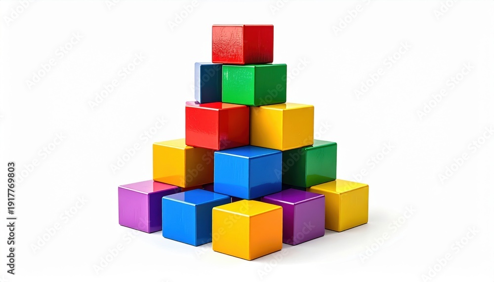 Obraz premium FlyPro_Firefly presents an array of brightly colored building blocks stacked in an ascending, interconnected structure, captured in a realistic photography style.