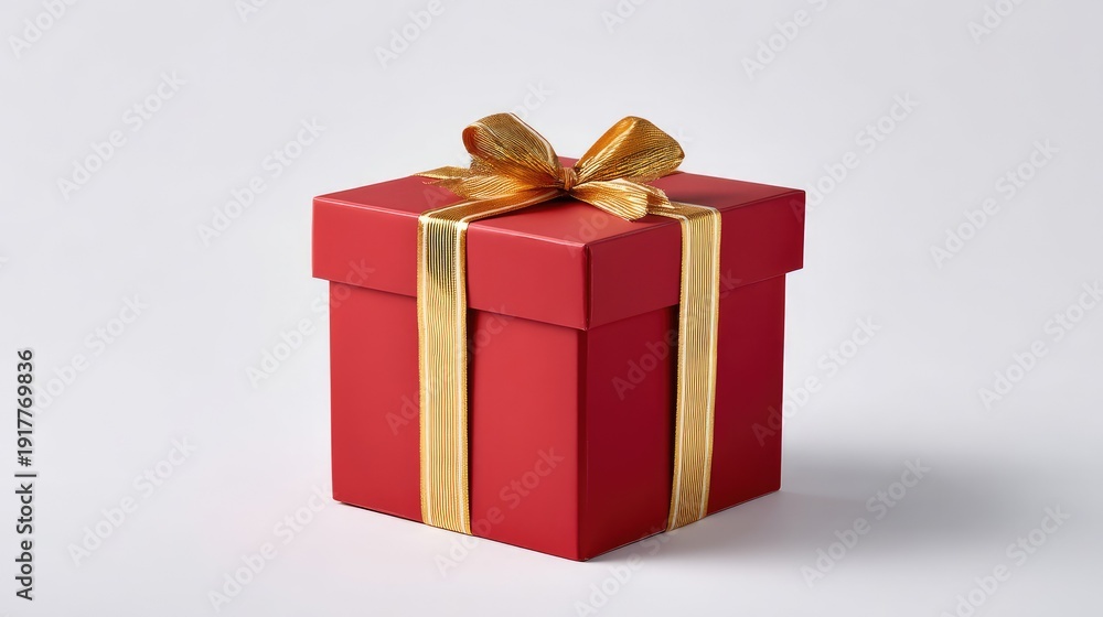 Obraz premium Elegant Red Gift Box with Golden Ribbon on a Simple White Background Ideal for Celebrations, Holidays, Birthdays, or Special Occasions in Stock Photography