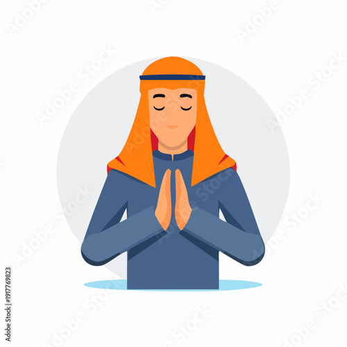 Cartoon illustration of a person wearing traditional headwear and clothing, praying.