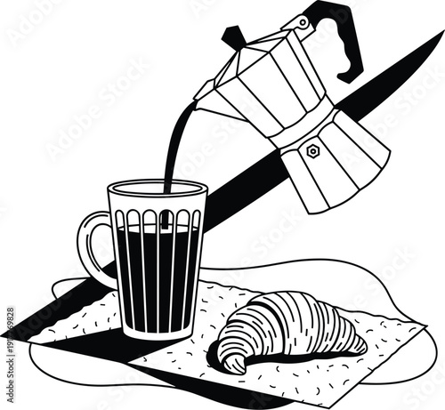 Moka Pot Pouring Coffee into Glass with Croissant Line Art Illustration Representing Cafe Breakfast, Hot Beverage and Bakery Snack Concept