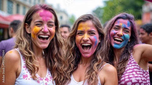 Happy young woman celebrating Holi festival with colorful powder in yellow and purple, joyful expression with friends enjoying traditional Indian spring celebration outdoors