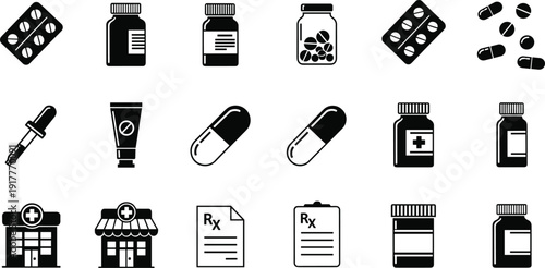 Pharmaceutical and Medical Icon Set with Pills, Capsules, Medicine Bottles, Dropper, Prescription and Pharmacy Building for Healthcare Concept