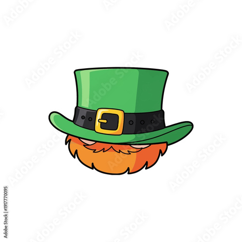 A cartoon illustration of a leprechaun's green hat with a buckle and an orange beard, symbolizing St. Patrick's Day.